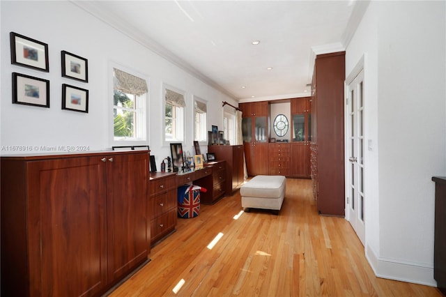 interior space with ornamental molding and light hardwood / wood-style floors