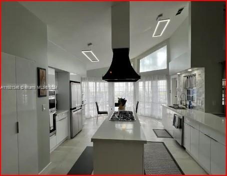 kitchen with a kitchen island, stainless steel appliances, sink, ventilation hood, and white cabinets