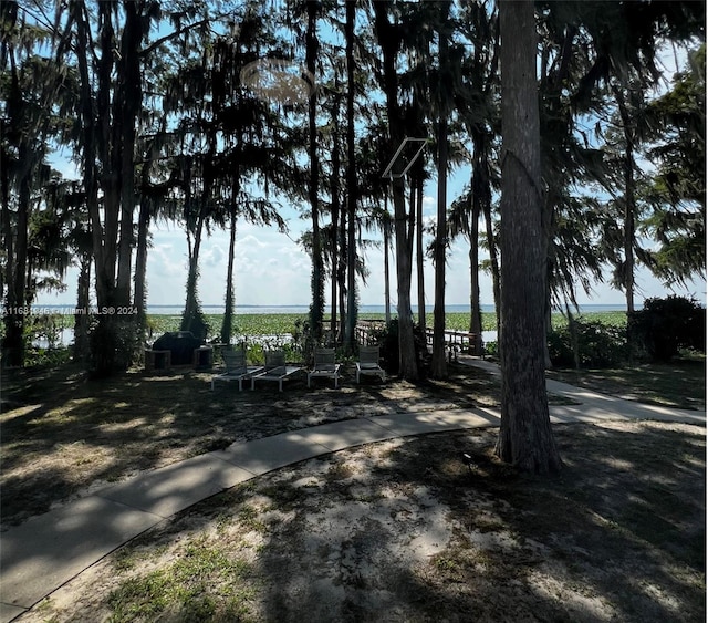 exterior space with a water view