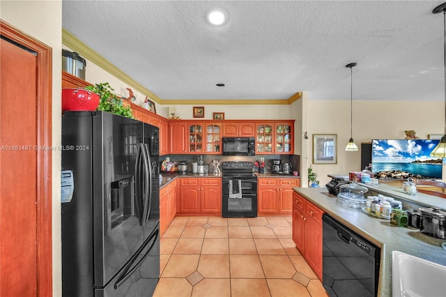 kitchen featuring black appliances, light tile patterned flooring, ornamental molding, backsplash, and decorative light fixtures