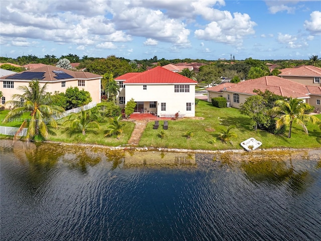 aerial view featuring a water view