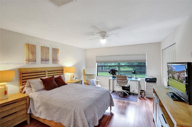 bedroom featuring ceiling fan, a closet, and dark hardwood / wood-style floors