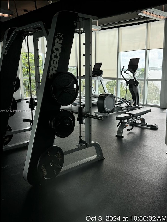 exercise room with floor to ceiling windows