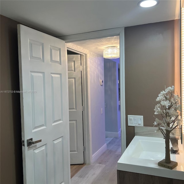 bathroom with hardwood / wood-style floors and vanity