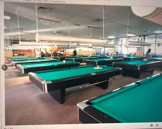 playroom with pool table and carpet flooring