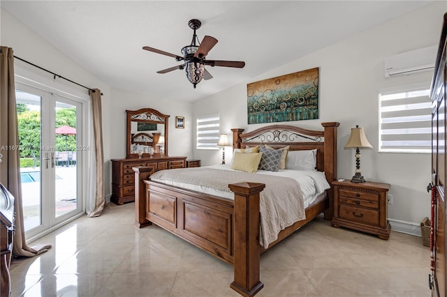 bedroom with lofted ceiling, french doors, a wall unit AC, access to exterior, and ceiling fan