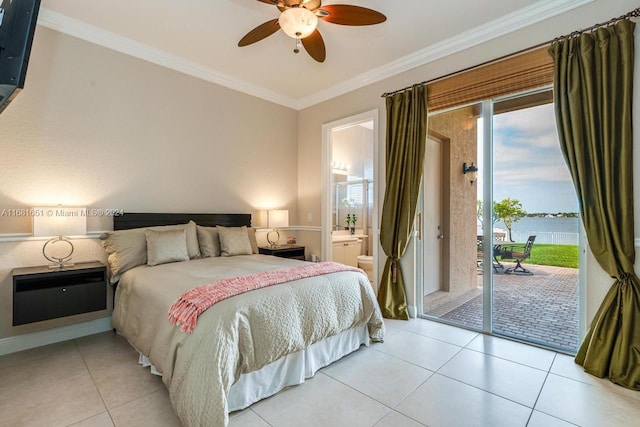 tiled bedroom featuring ensuite bathroom, access to outside, ornamental molding, and ceiling fan