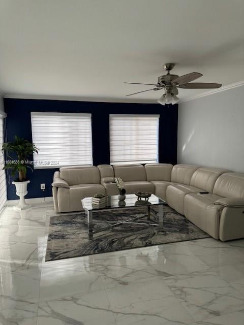 living room with crown molding and ceiling fan