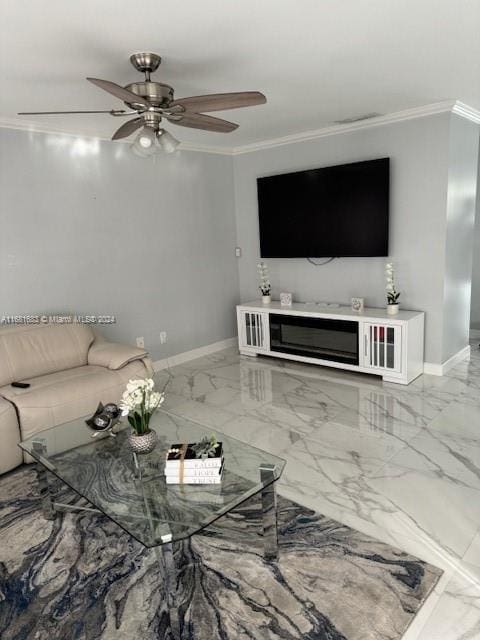 living room featuring crown molding and ceiling fan