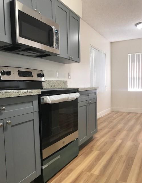 kitchen featuring light hardwood / wood-style flooring, stainless steel appliances, and gray cabinetry