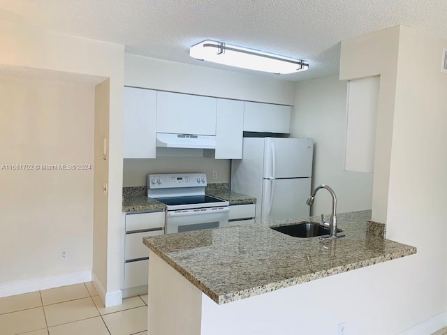 kitchen featuring kitchen peninsula, white cabinets, extractor fan, sink, and white appliances