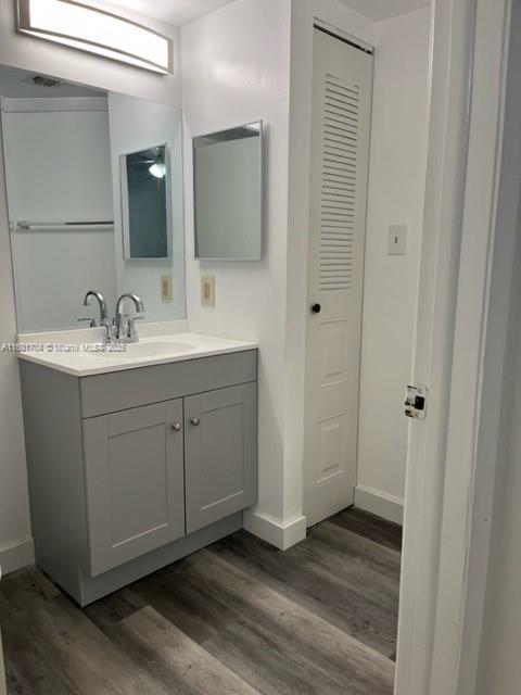 bathroom featuring vanity and hardwood / wood-style floors