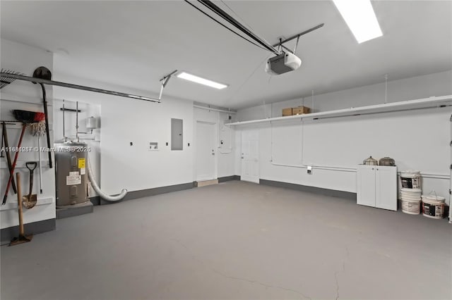 garage featuring a garage door opener, electric panel, and electric water heater