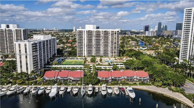 aerial view featuring a water view