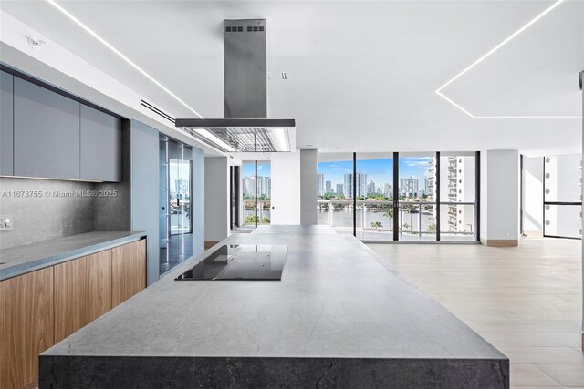 interior space featuring island range hood, backsplash, a wall of windows, black electric stovetop, and light hardwood / wood-style flooring