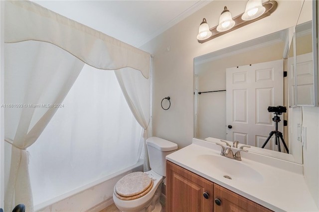 full bathroom with vanity, crown molding, shower / bath combination with curtain, and toilet