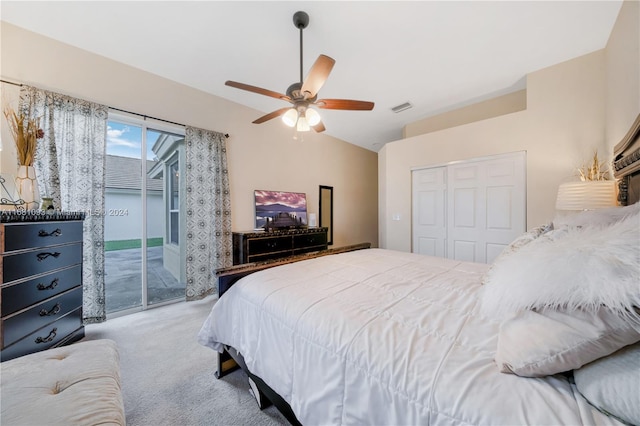 bedroom featuring access to outside, a closet, light colored carpet, and ceiling fan