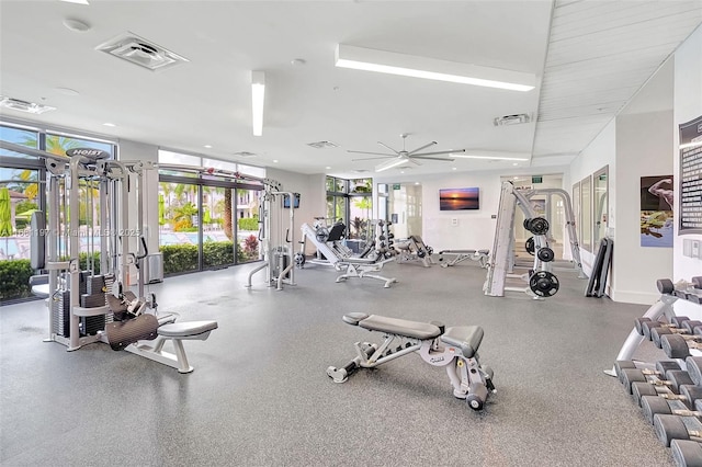 gym with ceiling fan and a wall of windows