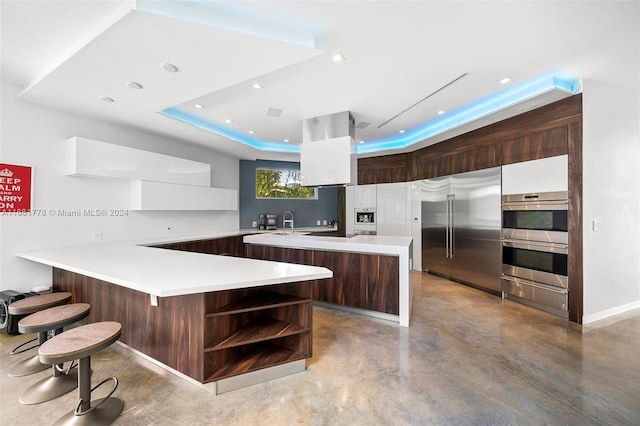 kitchen with a breakfast bar, a raised ceiling, appliances with stainless steel finishes, dark brown cabinets, and kitchen peninsula