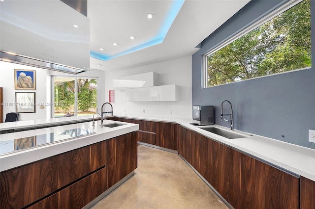 kitchen with dark brown cabinetry, white cabinetry, sink, and stovetop