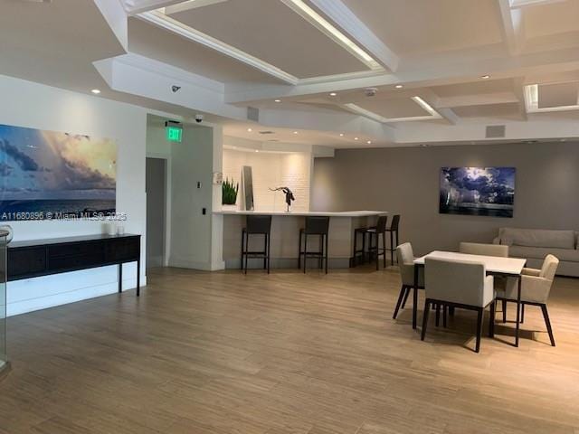 100 Lincoln Rd Unit 512, Miami Beach, FL 33139 - dining area featuring wood finished floors, visible vents, coffered ceiling, beam ceiling, and recessed lighting
