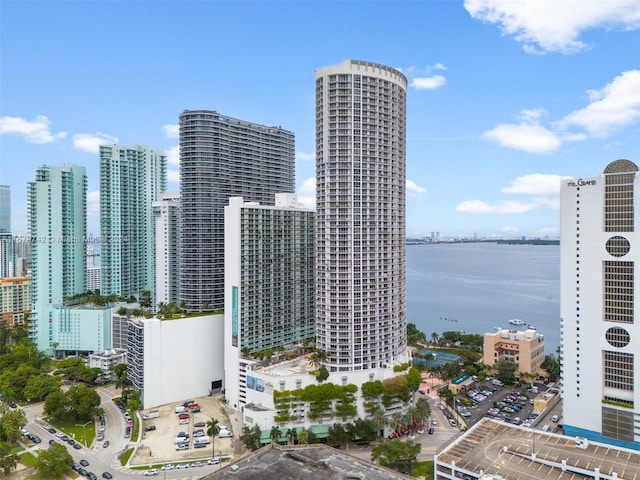 property's view of city featuring a water view