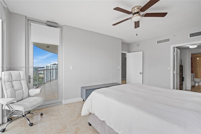 tiled bedroom featuring access to outside, ensuite bath, and ceiling fan