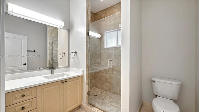 bathroom featuring vanity, toilet, and an enclosed shower