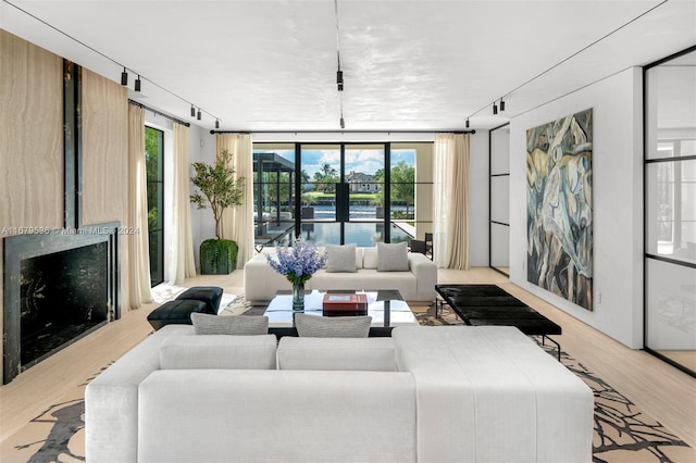 living room featuring expansive windows, light hardwood / wood-style flooring, a fireplace, and rail lighting