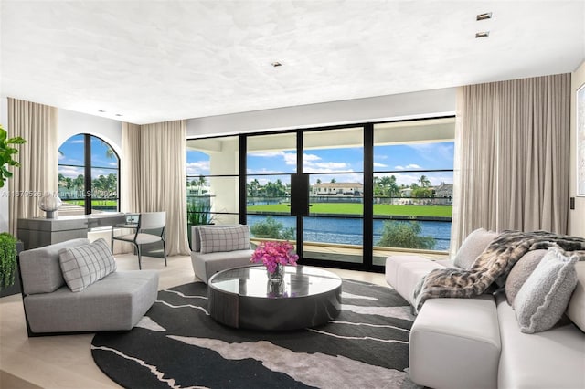 living room featuring a water view and light hardwood / wood-style floors