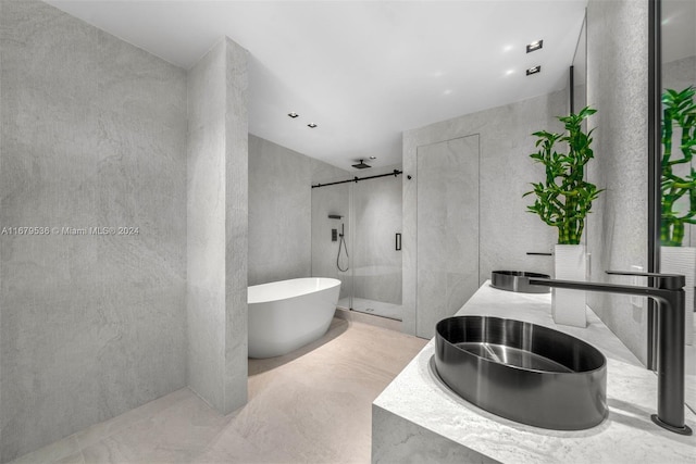 bathroom featuring vanity and separate shower and tub