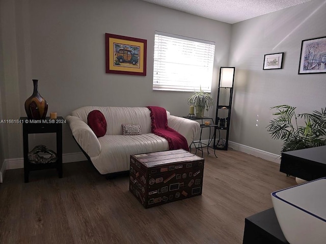 living room featuring dark hardwood / wood-style floors and a textured ceiling