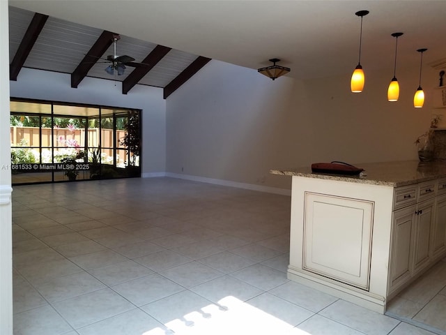 unfurnished living room featuring ceiling fan, light tile patterned floors, wooden ceiling, and lofted ceiling with beams