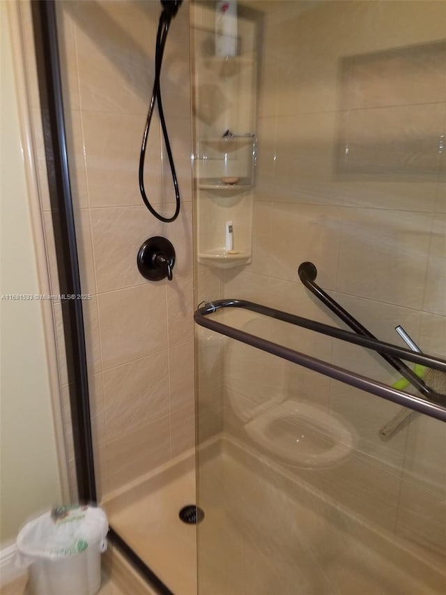 bathroom featuring a shower with shower door