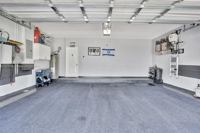 garage with electric panel, a garage door opener, and electric water heater