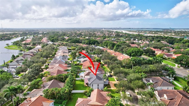 aerial view featuring a water view