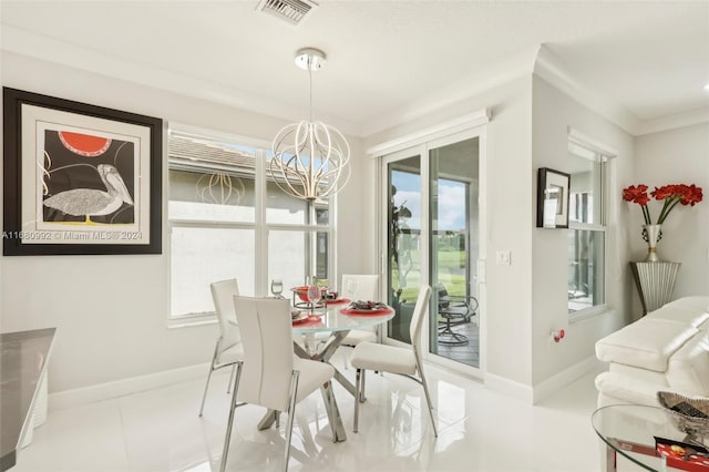 tiled dining space featuring a notable chandelier, a healthy amount of sunlight, and crown molding