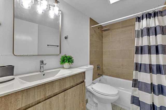 full bathroom with shower / tub combo with curtain, vanity, and toilet