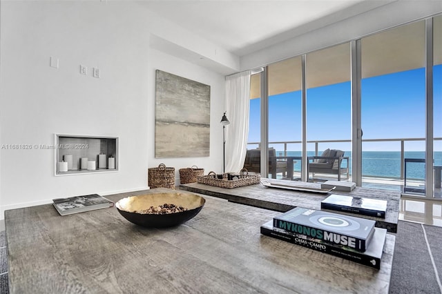 living room featuring a wall of windows, a water view, and plenty of natural light