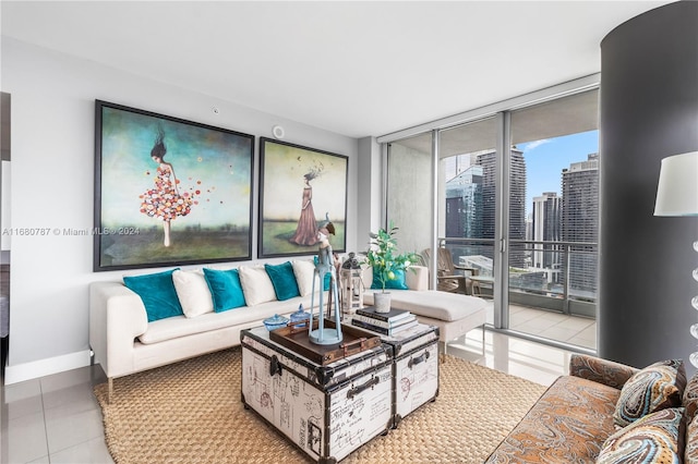 tiled living room with a wall of windows