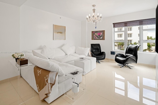 tiled living room with a chandelier