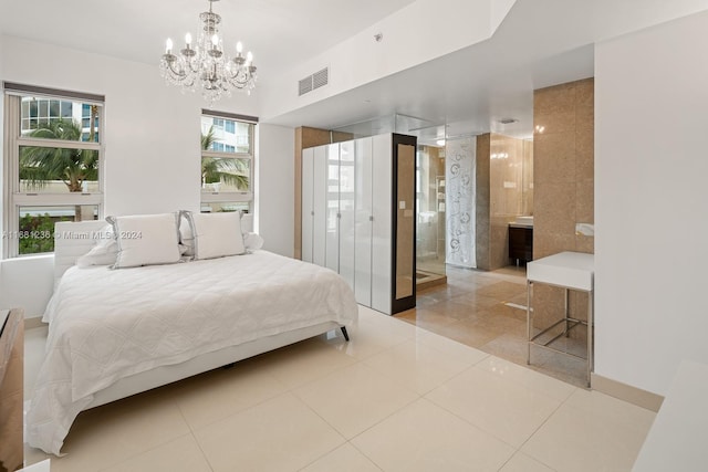 tiled bedroom with a notable chandelier and multiple windows