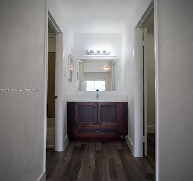 bathroom with vanity and wood-type flooring