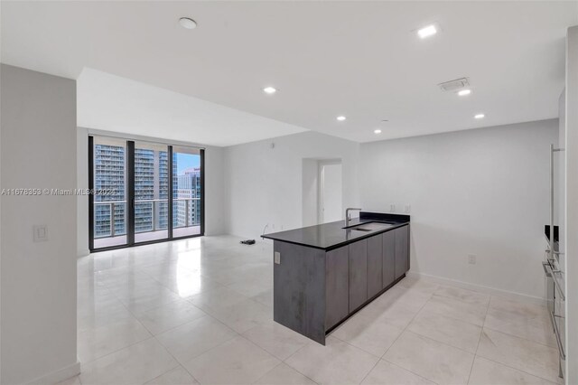 kitchen with sink, kitchen peninsula, and floor to ceiling windows