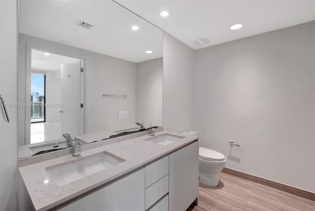 bathroom with vanity, toilet, and wood-type flooring