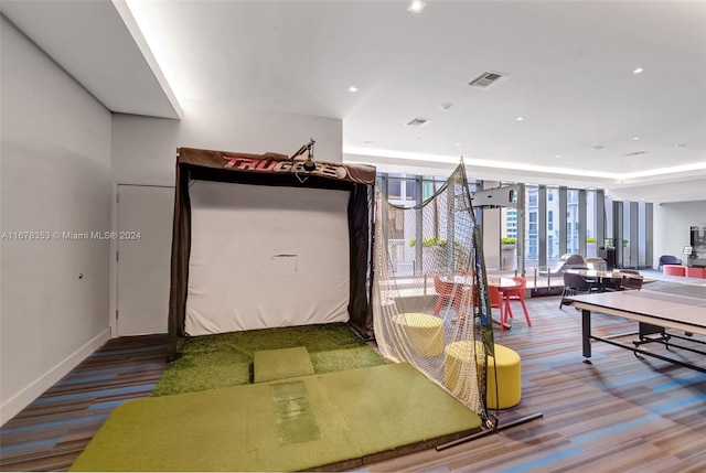 game room featuring wood-type flooring and golf simulator