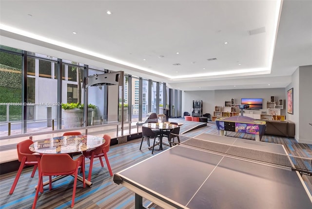 recreation room featuring a raised ceiling and plenty of natural light