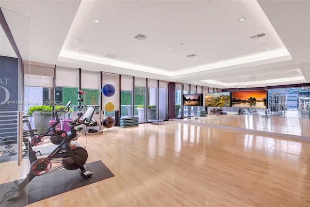 workout area with a tray ceiling and light wood-type flooring