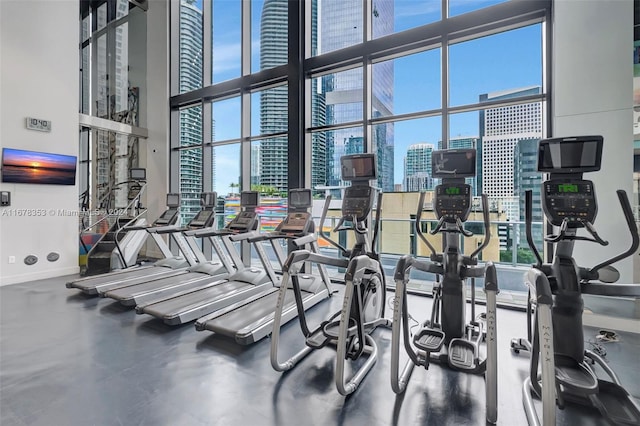 workout area featuring a towering ceiling and a healthy amount of sunlight