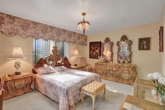 bedroom with light carpet and an inviting chandelier